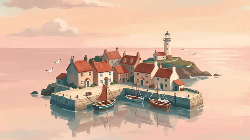 A painted fishing village on a calm pink sea at dawn.