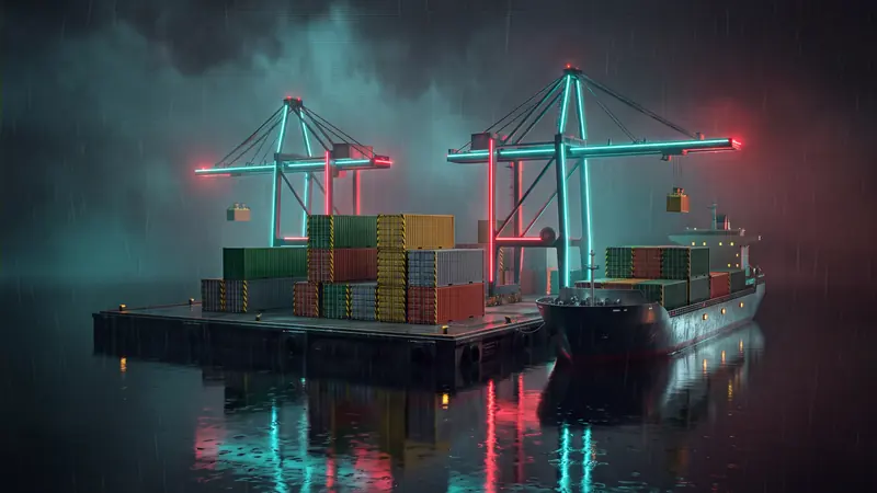 A rainy night port with container cranes lit in teal and red.