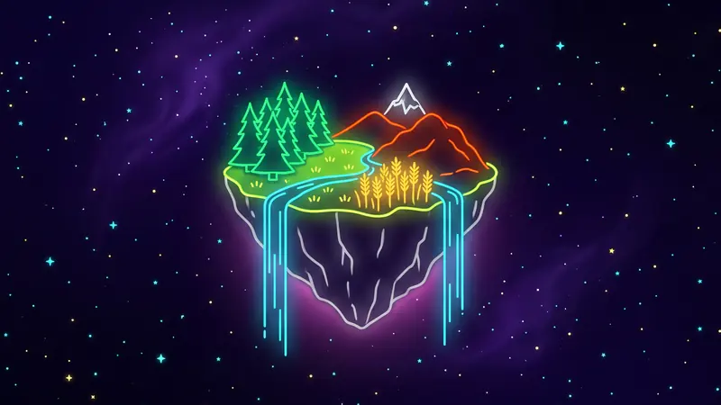 A floating island drawn in glowing neon lines against a starry purple sky.