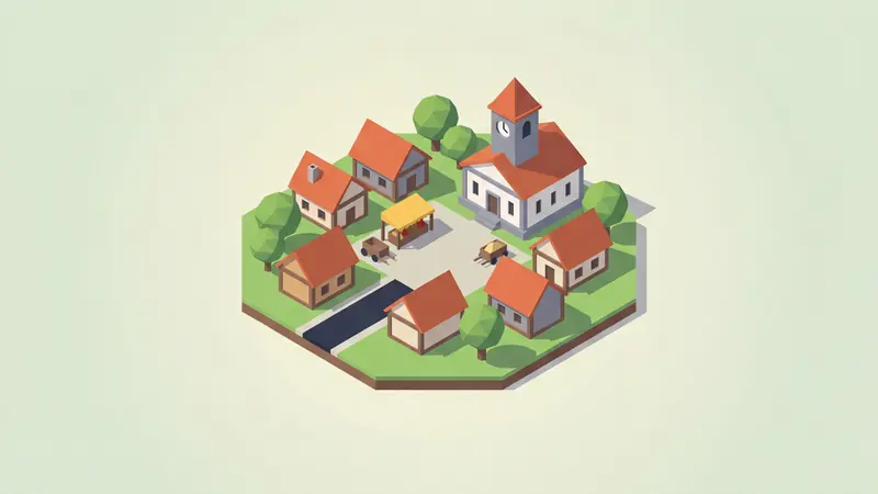 A tiny low-poly town with red roofs and a clock tower on a pale background.
