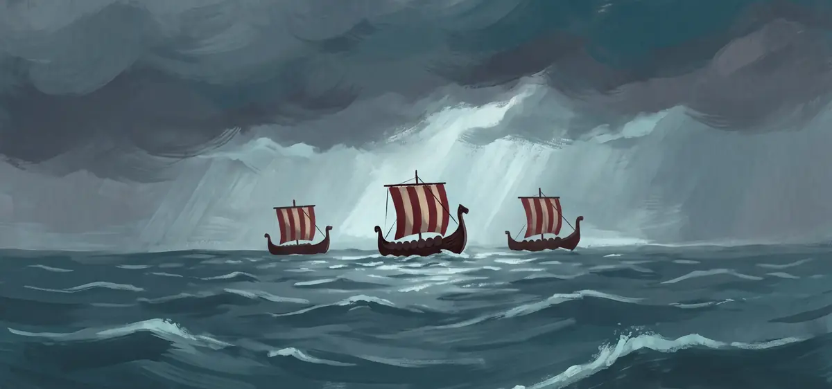 Three dark-sailed ships crossing a stormy grey sea.